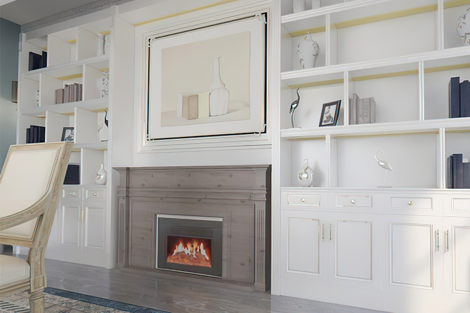 artistic living area with shelving and fireplace artistic living area with shelving and fireplace