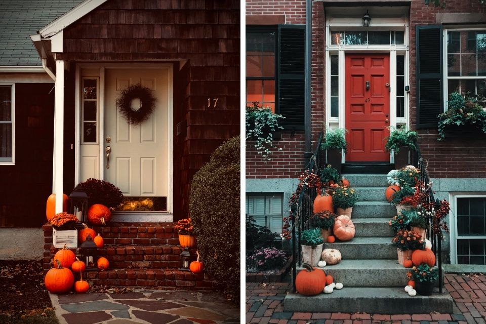 Thanksgiving decor ideas with front door design including pumpkins, lanterns, and mums