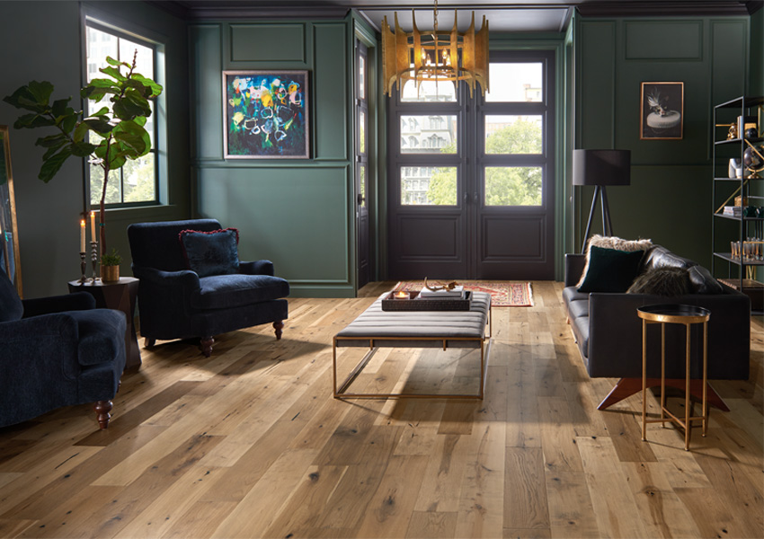 hardwood flooring in living room with vintage decor.
