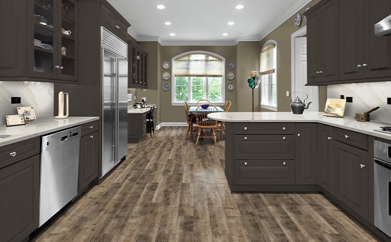 wood flooring in kitchen with benjamin moore silhouette cabinets